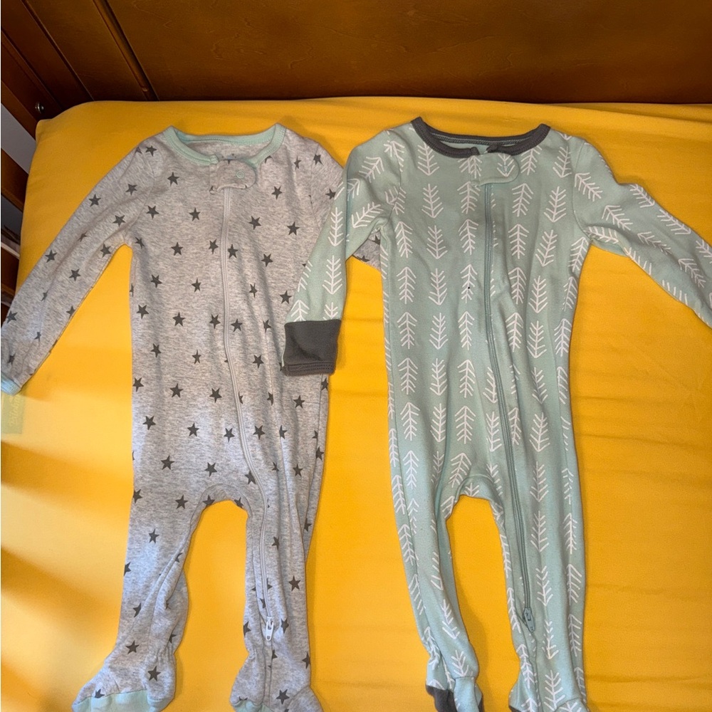 6-9 month Gender Neutral Gray and Mint Star and Tree Print Kids One Pieces